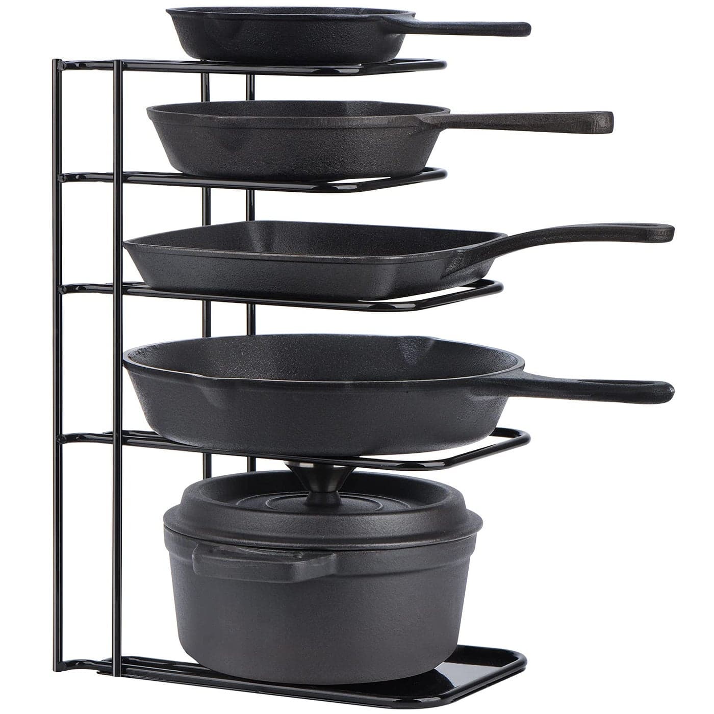 Toplife Heavy Duty Pan Organizer, 5 Tier Pot and Pan Organizer Rack for Cast Iron Skillets, Griddles and Pots - Sturdy Steel Construction- No Assembly Required - Black