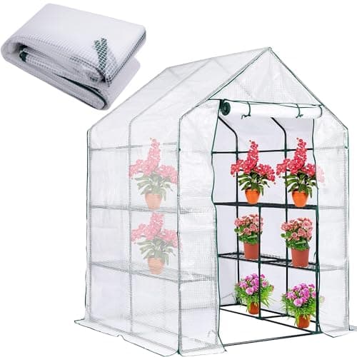 DECOHS Walk-in Greenhouse Replacement Cover with Roll-Up Zipper Door, 56 x 56 x 76 inch PE Greenhouse Cover for Outdoor Plant Gardening Plants Cold Frost Protection Wind Rain Proof (Frame Not Include)
