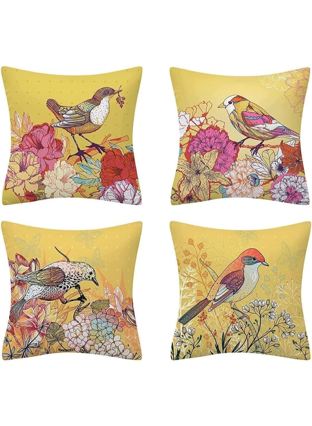 4 Pcs Floral Bird Pillow Covers, 45x45 cm Decorative Cushion Covers, Soft Polyester Throw Pillowcases for Sofa, Living Room, Car, Farmhouse, Outdoor Use