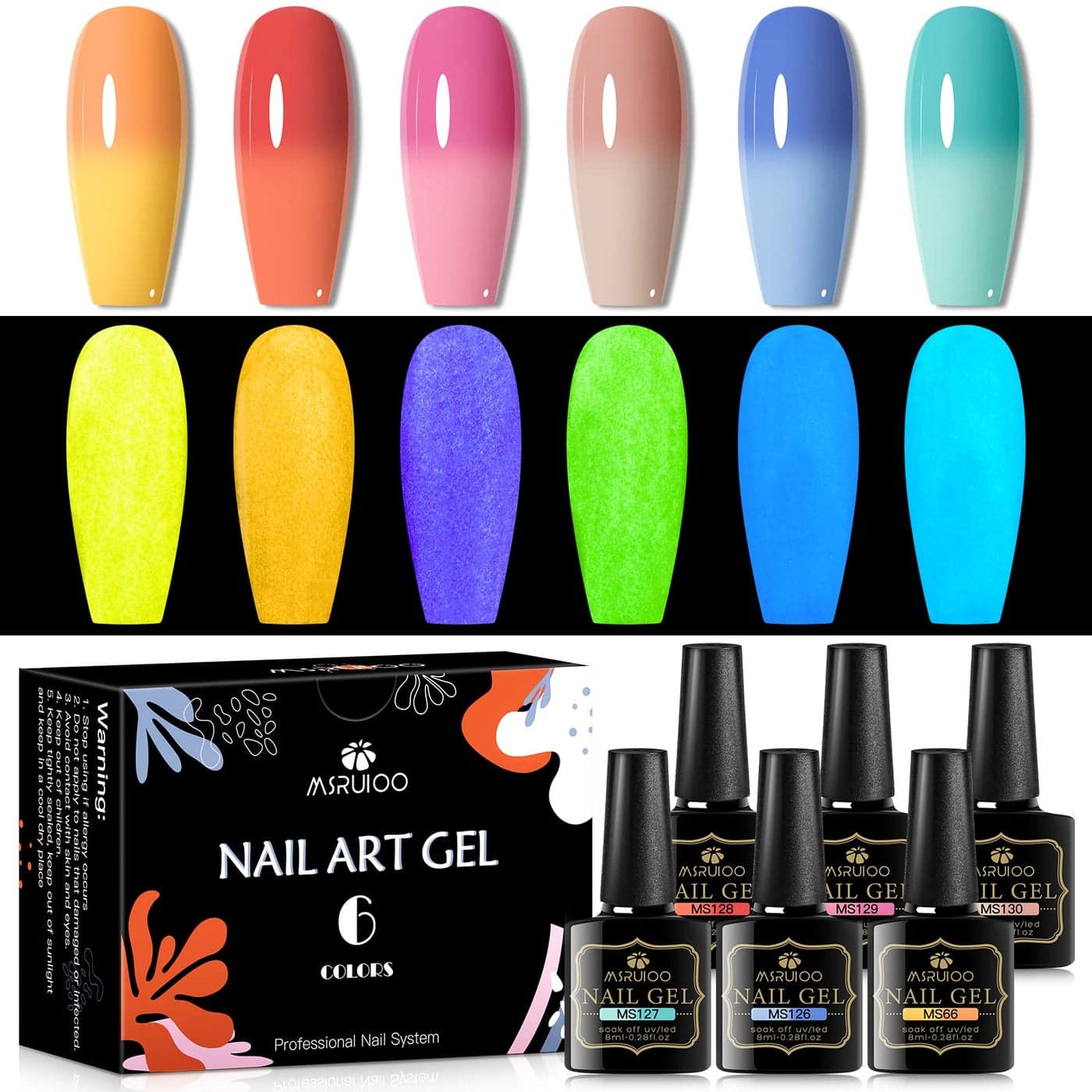 MSRUIOO Luminous Color Changing Gel Nail Polish Set Glow in the Dark Mood Temperature Color Change Gel Nail Polish Pink Blue Red Orange Soak Off Gel Polish for Nail Art Manicure DIY at Home