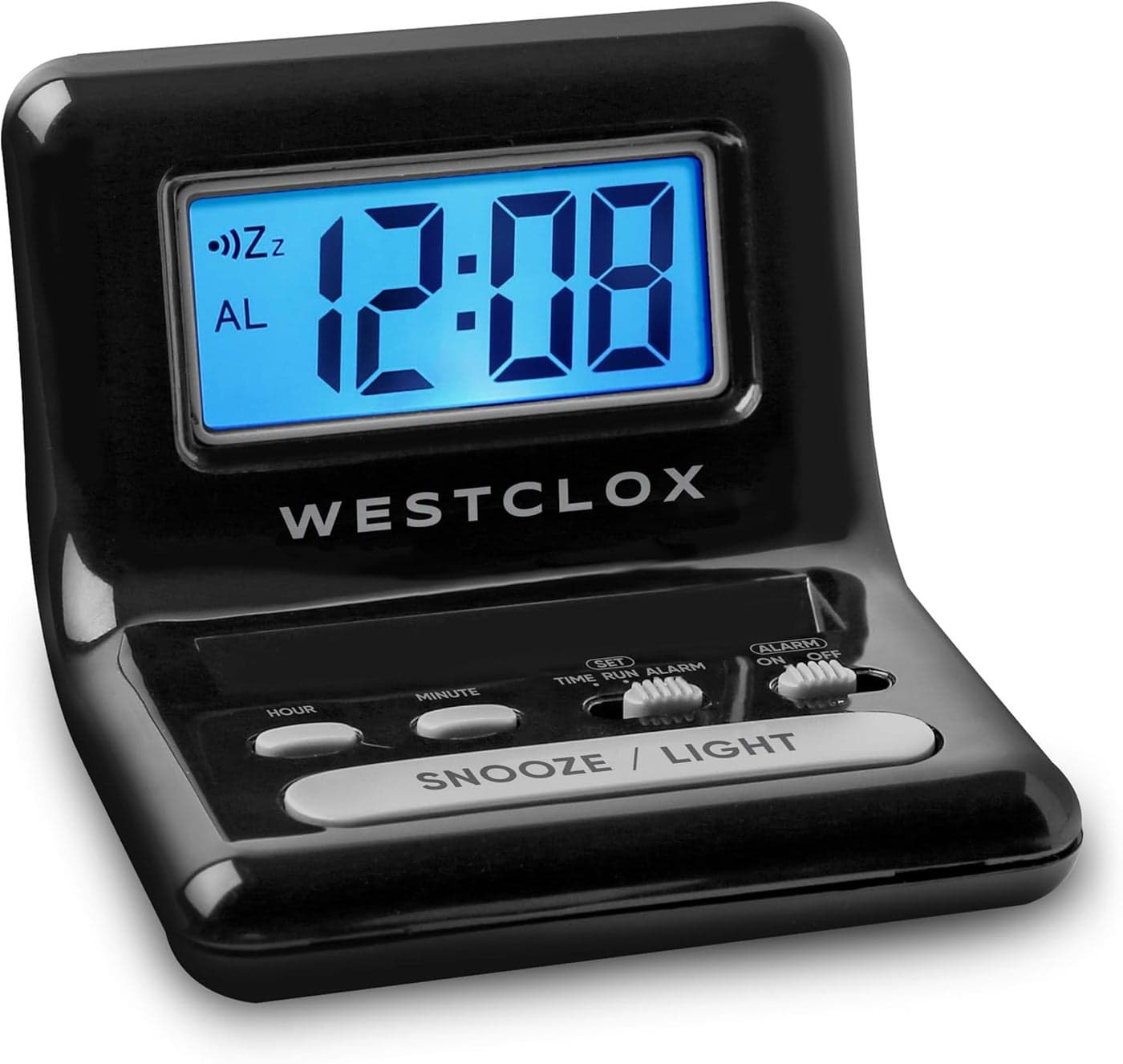 Westclox LCD Digital Bedside Alarm Clock with Blue Backlit Display and Snooze Function Battery Operated Black 3Inch