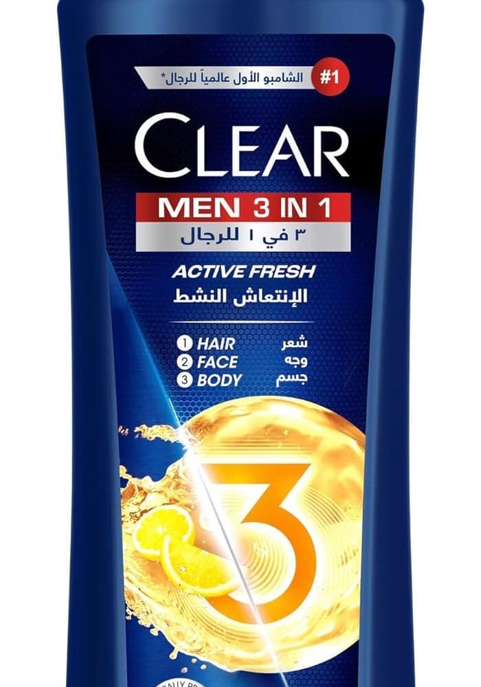 Clear Men 3 in 1 Anti-Dandruff Shampoo - Hair, Face & Body, Active Fresh, 600 ml