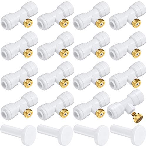 Honoson 16 Pcs Brass Misting Nozzles Kit Atomizing Mister Nozzle Kit 0.4 mm Orifice 2 Points 1/4 Inch Lock Misting Nozzles with 4 Pieces Plug for Patio Misting Outdoor Cooling System Garden Water