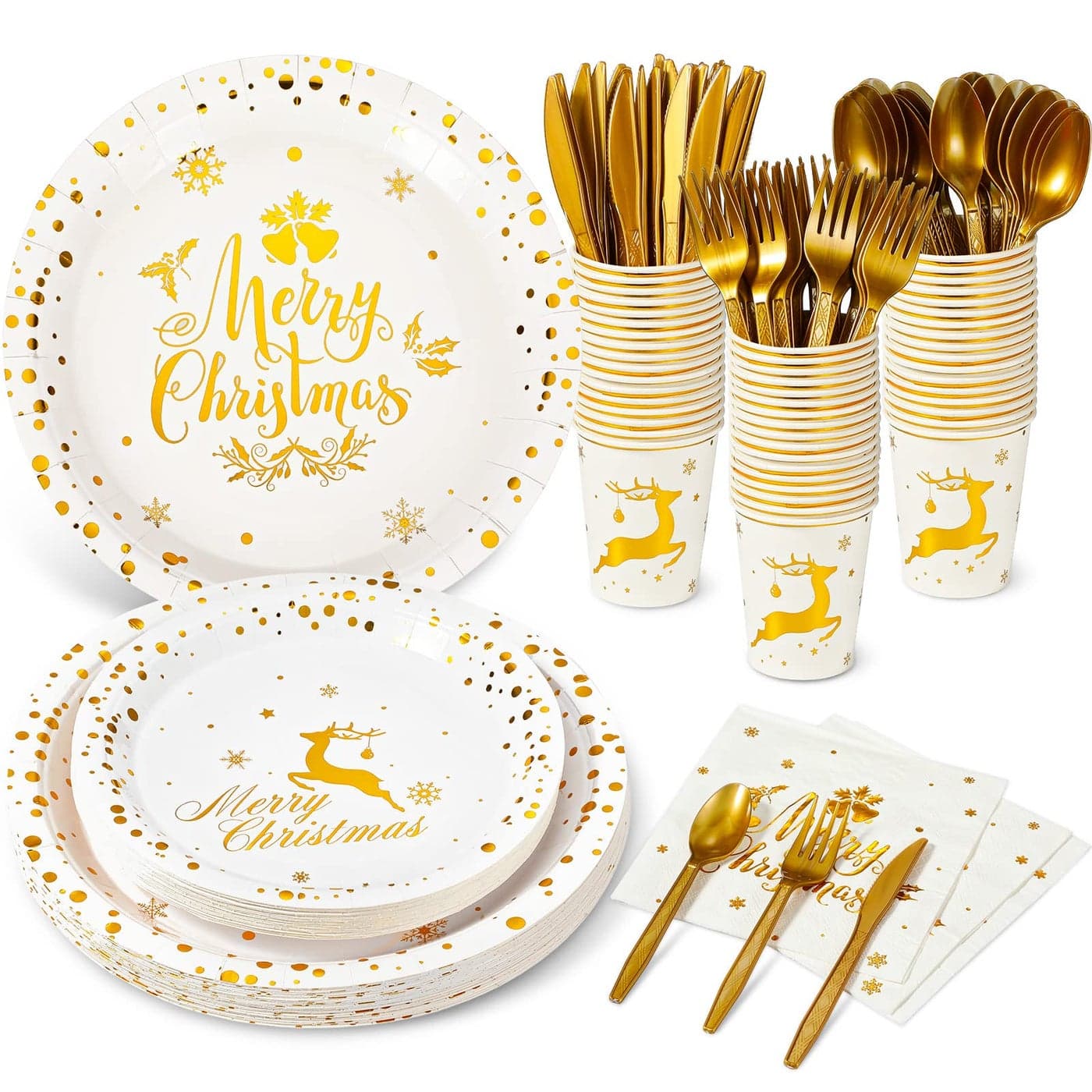 Tioncy 175 Pcs Merry Christmas Party Dinnerware Foil Dots Christmas Paper Plates Set Elk Disposable Xmas Plates Napkins Cups for New Year Wedding Birthday Baby Shower Party Supplies White Gold
