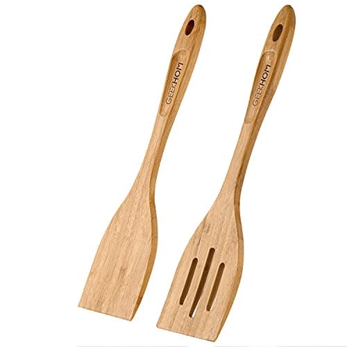 GEEKHOM Bamboo Spatulas for Nonstick Cookware 13 Inch Wooden Kitchen Utensils 2 Pack Wooden Spatula for Cooking Slotted Wok Turners Flipper for Pancake Fish Egg