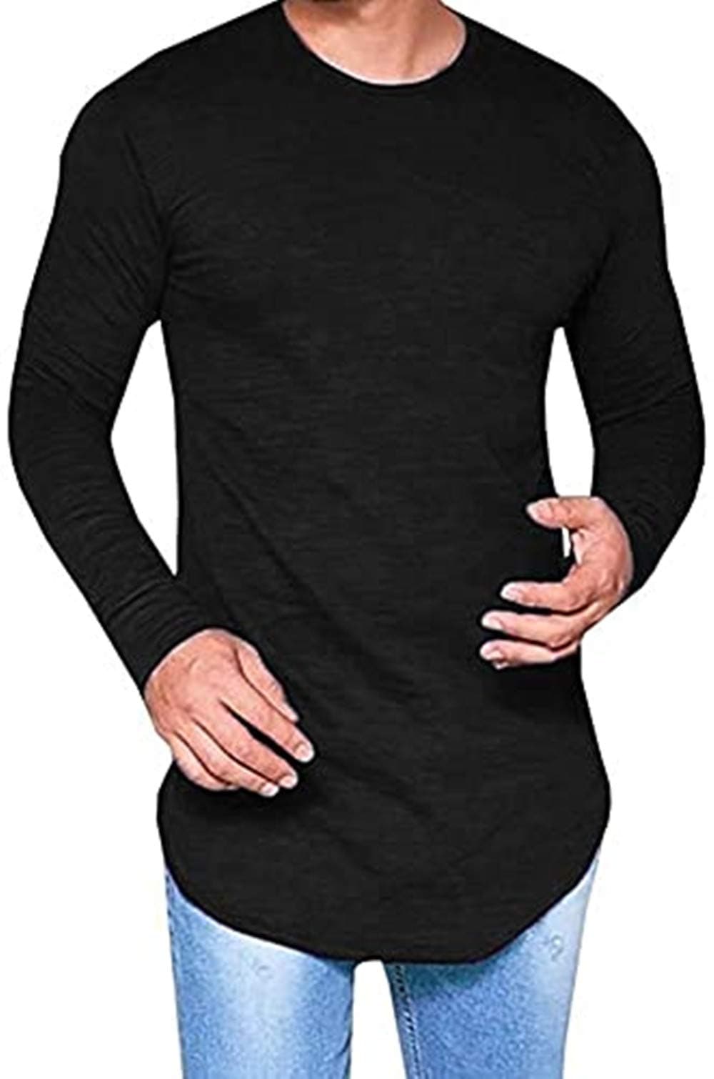 LIWEIKE Mens Hipster Hip Hop Longline Crewneck T-Shirt (Black, Small)