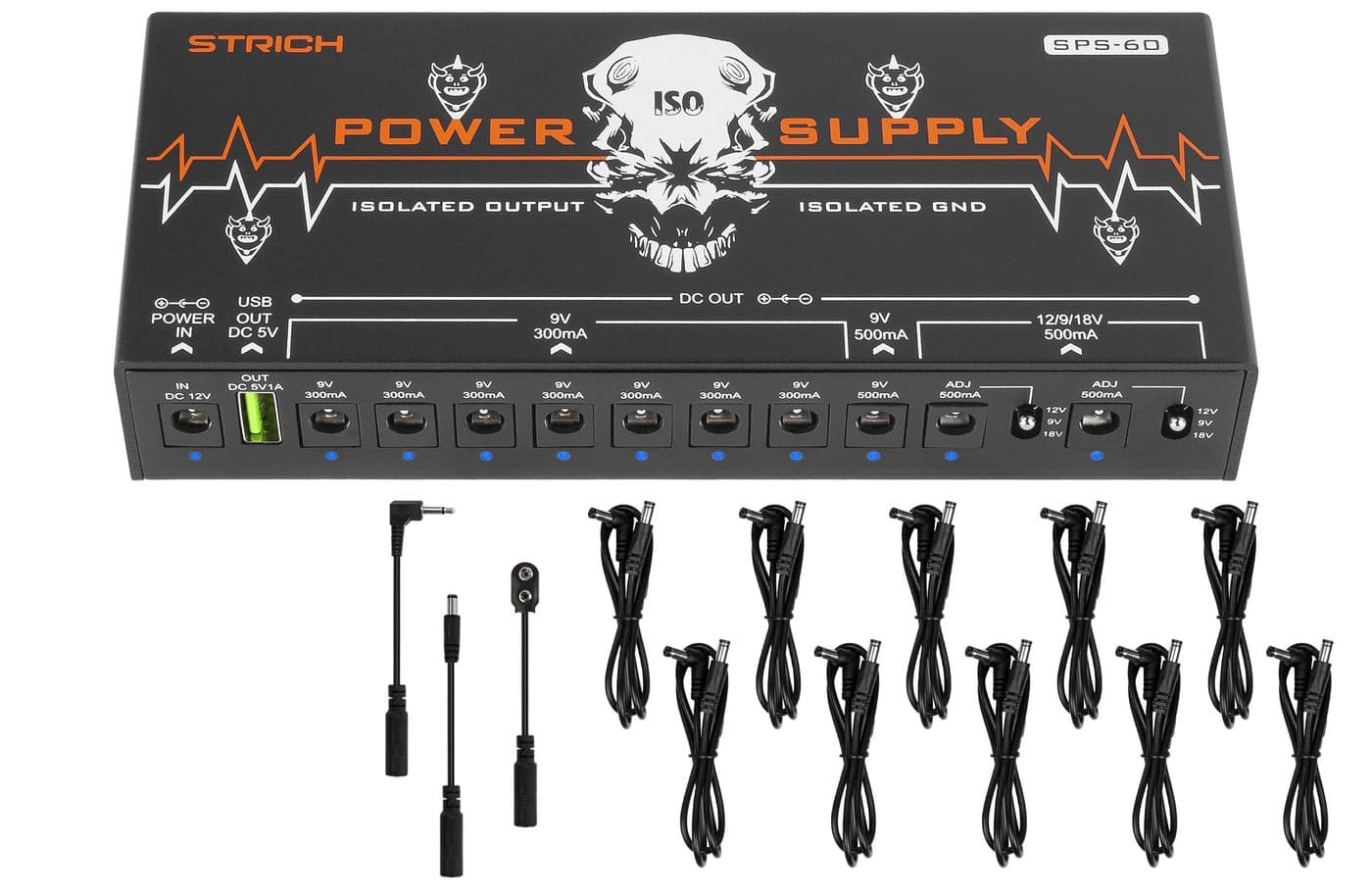 STRICH SPS-60 Guitar Pedal Power Supply, 10 Totally Independent DC Outputs Pedal Board Power Supply for 9V/12V/18V (300mA/500mA) High Power for Power High-current Effect Pedal