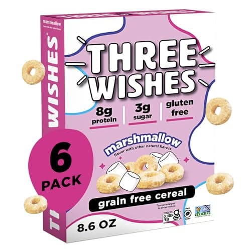 Three Wishes Grain-Free & Protein Cereal - Healthy, Low Sugar & Gluten-Free Breakfast Cereal - Low Carb, Plant-Based, Vegan & Non-GMO - Marshmallow, 6-Pack