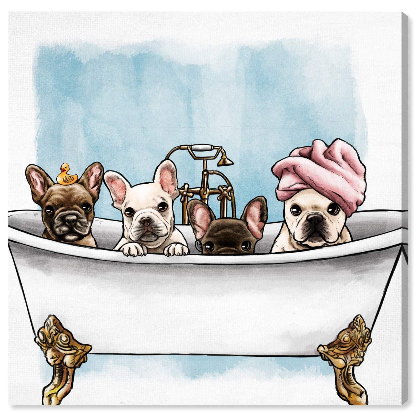 Oliver Gal Frenchies In The Tub The Dogs and Puppies Wall Art Decor Collection Contemporary Premium Canvas Art Print