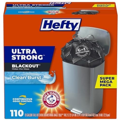 Hefty Ultra Strong 13 Gallon Trash Bags, Black Tall Kitchen Trash Bags 13 Gallon Size, Break Resistant Drawstring Enclosure, Continuous Odor Control, Blackout, Clean Burst Scent, 110 Bags