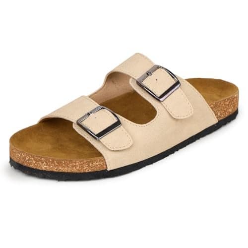 TRASE Cork Slippers For Women, Stylish Footwear With Adjustable Strap, Comfortable Arch Fit Slippers, Women Double Strap Sliders (Beige, 6 UK)