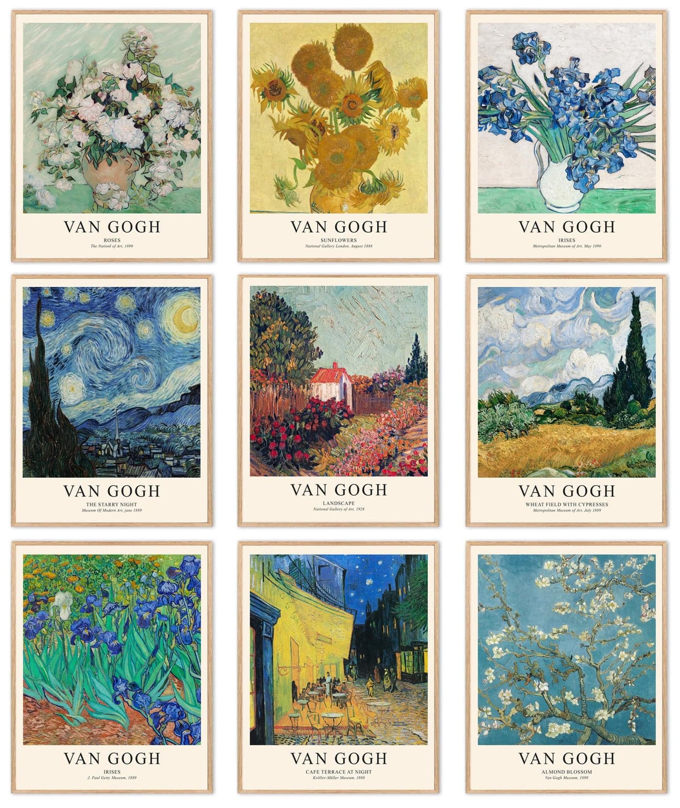 uniro Van Gogh Wall Art Prints Vintage Van Gogh Sunflowers Starry Night Retro Famous Artist Paintings Museum Gallery Exhibition Poster for Living Room Bedroom Dorm Office Unframed 8x10 inches