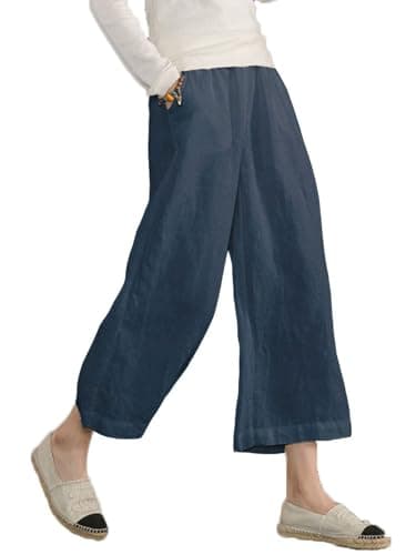 ECUPPER Womens Casual Loose Elastic Waist Cotton Trouser Cropped Wide Leg Pants Dark Blue 16