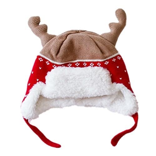 Home Prefer Kids Girls Winter Hats Soft Cotton Knitted Hat Cute Elk Horn Earflaps Christmas Hat Red XL
