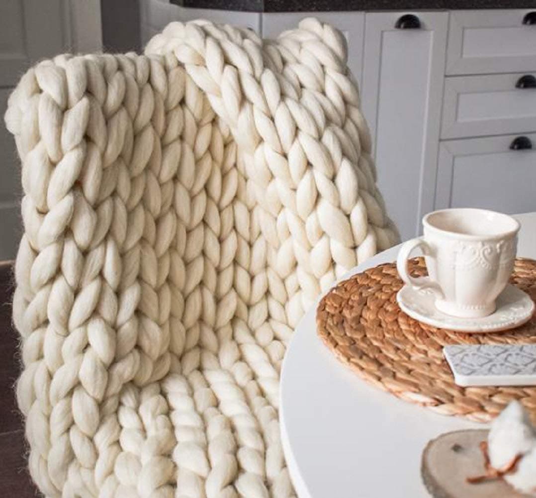 MLMGUO Chunky Knit Blanket Hand Made Merino Wool Throw Boho Bedroom Sofa Home Decor Giant YarnIvory White 40x60