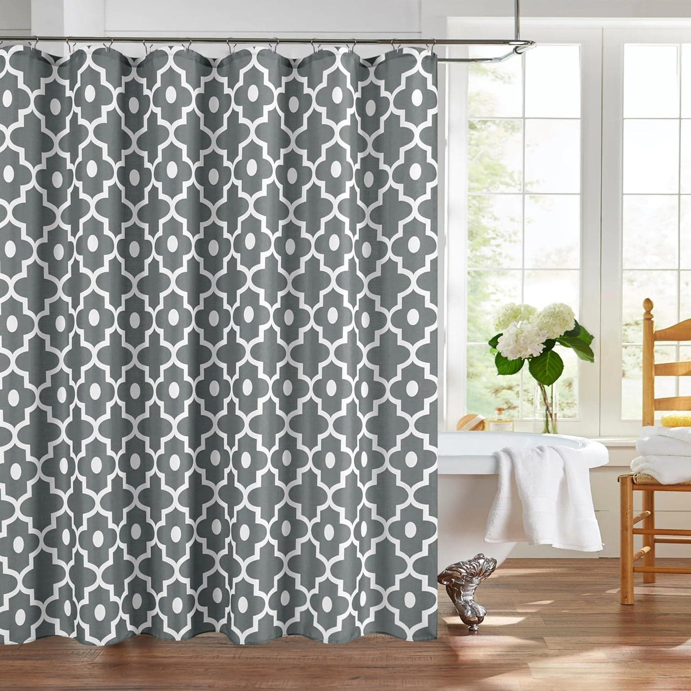 Biscaynebay Extra Long Textured Fabric Shower Curtain 72 W x 84 L Dark Grey Morocco Pearl Printed Hotel Spa Luxury Decorative Bathroom Curtain Machine Washable