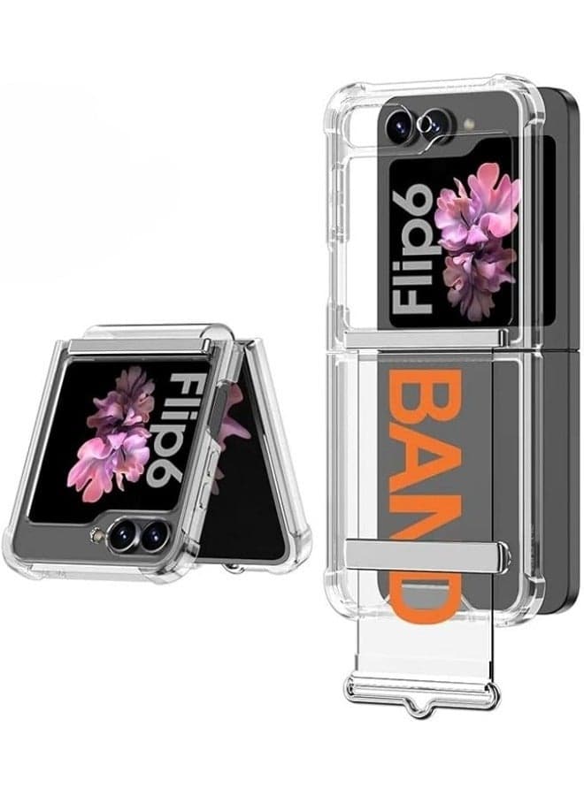 for Galaxy Z Flip 6 Case Buit-in Back Screen Protector, Ultra-Thin Z Flip 6 Case with Stand u0026 Hand Strap, Hard Anti-Scratch Clear Case for Z Flip 6 with Silicone Hinge