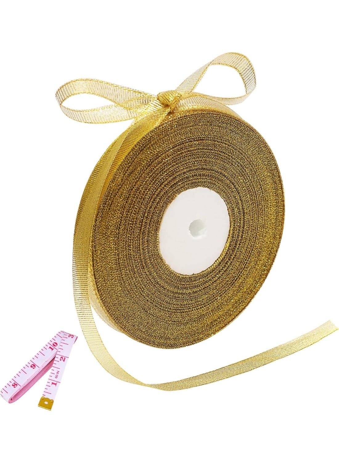 100 Yards Gold Glitter Ribbon 3/8 Inch, Sparkly Thin Solid Fabric Ribbon for Gift Wrapping, Crafts, Holiday Wedding Birthday Party Decoration Floral Bouquet, Metallic Gold Ribbon Roll