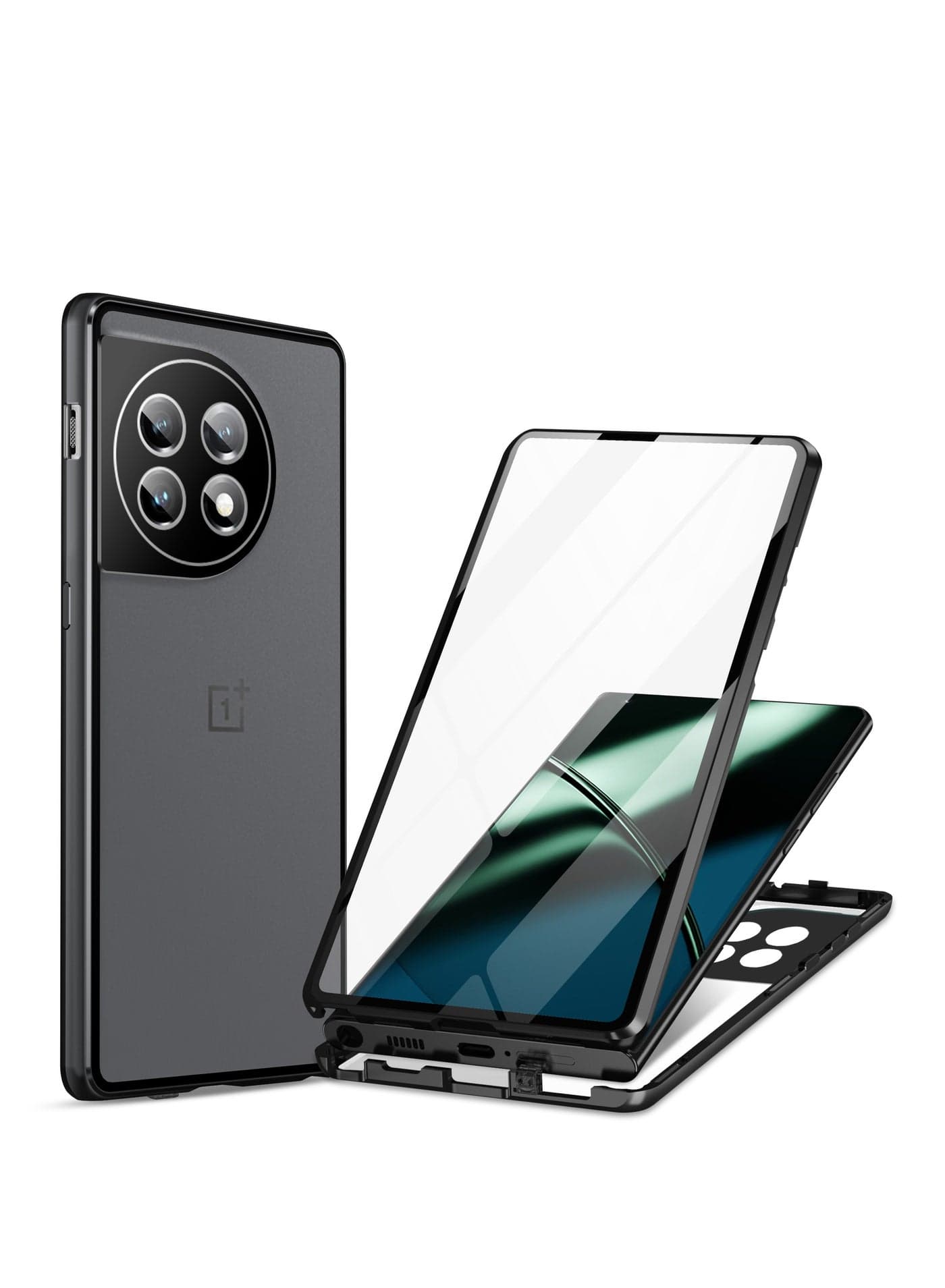 Case compatible with OnePlus 11 5G, magnet metal frame, double-sided clear glass shockproof with PC matte backplate