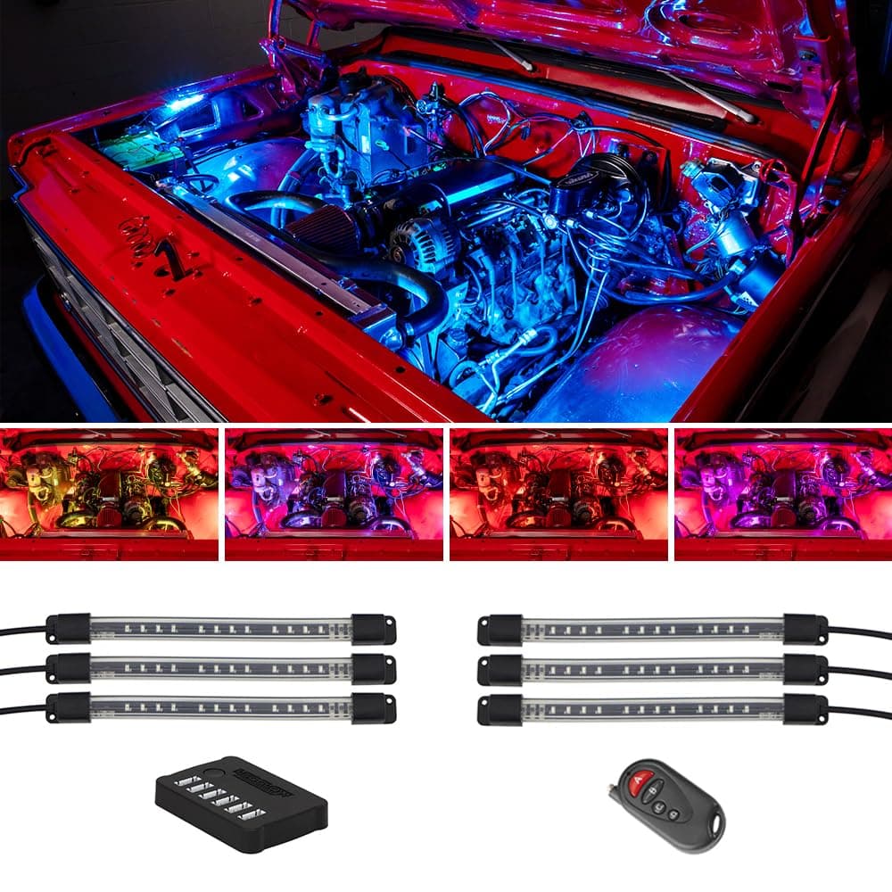 LEDGlow 6pc Million Color LED Engine Bay Under Hood Lighting Kit MultiColor Underhood Lights for Car Truck 15 Solid Colors 9 Modes 6 Flexible Tubes Includes Control Box Wireless Remote