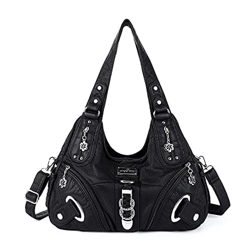 Angelkiss Women Multiple Pockets Purses and Handbags Washed Leather, Two Top Zippers Closure, Black