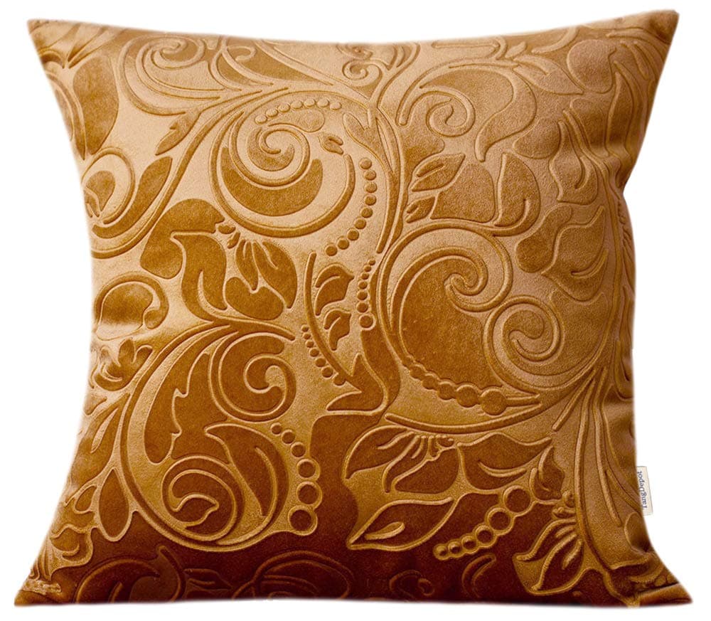 TangDepot Heavy Velvet Embossing Throw Pillow Cover Classis Floral Anaglyph Velvet Fabric Euro Sham European Throw Pillow Cover IndoorOutdoor 24 x 24 C12 Golden Camel