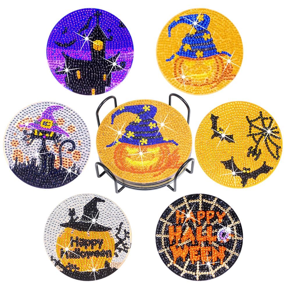 Praise V Do 6Pcs Diamond Painting Coasters Kit with Holder Cork Base DIY Halloween Pumpkin Coasters Diamond Painting Kit for Beginners Adults DIY Diamond Art Craft