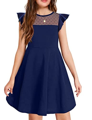 Arshiner Girls Dress Summer Ruffle Sleeve Mesh A Line Casual Party Dresses with Pockets 11-12 Years Navy Blue