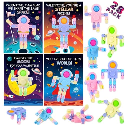 ZIRSENG Valentines Day Gifts for Kids Classroom 28PACK Pop Fidget Spinners Astronaut Bulk with Unique Valentines Cards for Classroom Exchange Prize Sensory Toys for Valentines Party Favors