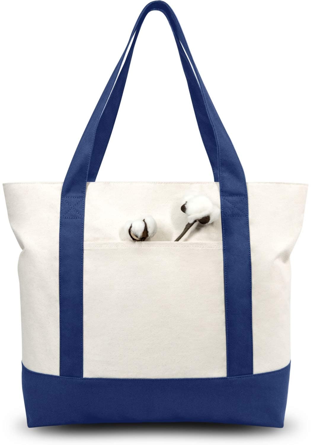 TOPDesign 3Pack Canvas Tote Bags with an External Pocket Reusable Grocery Shopping Bags Top Zipper Closure Daily Essentials BlueNatural