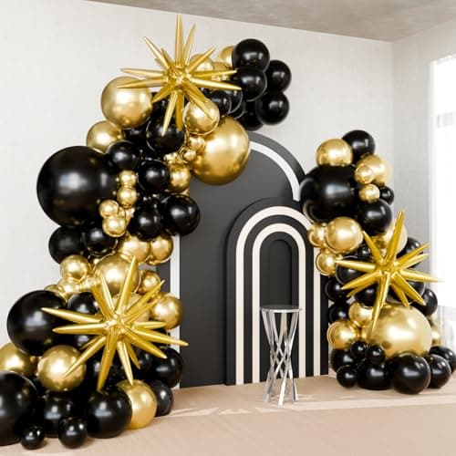 Black and Gold Balloons with 3pcs Starburst Balloons 5 10 12 18 inch Black and Gold Balloons Garland Arch Kit for Birthday 2026 New Years Graduation and Anniversary Decorations Supplies