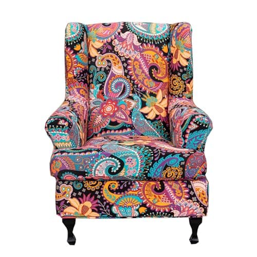CRFATOP 2 Piece Stretch Wingback Chair Cover Printed Wing Chair Slipcovers Spandex Fabric Wingback Armchair Covers with Elastic Bottom for Living Room Bedroom Wingback Chair,C13