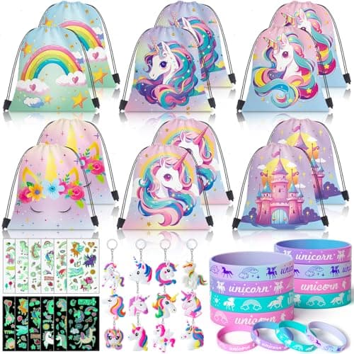 SNLN 12 Sets Unicorn Party Favors Birthday Supplies for Girls Kid Drawstring Bag Silicone Bracelet Tattoo Sticker Keychain Goodie Bag Stuffer Filler Unicorn Birthday Decorations Girls Party Favors