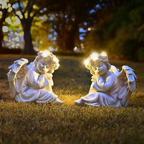 Juliahestia Angel Statue Garden Decor for Outside Solar Outdoor Decorations Patio Cherub Christmas Yard Porch Home Lawn Art Light up Figurine Memorial Sculpture Gift for Mom Mother Grandma