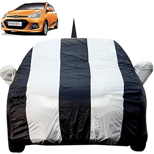 Autofact Car Body Cover for Hyundai Grand I10 with Mirror and Antenna Pocket (Light Weight, Triple Stitched, Heavy Buckle, Bottom Fully Elastic, White Stripes with Navy Blue Color)