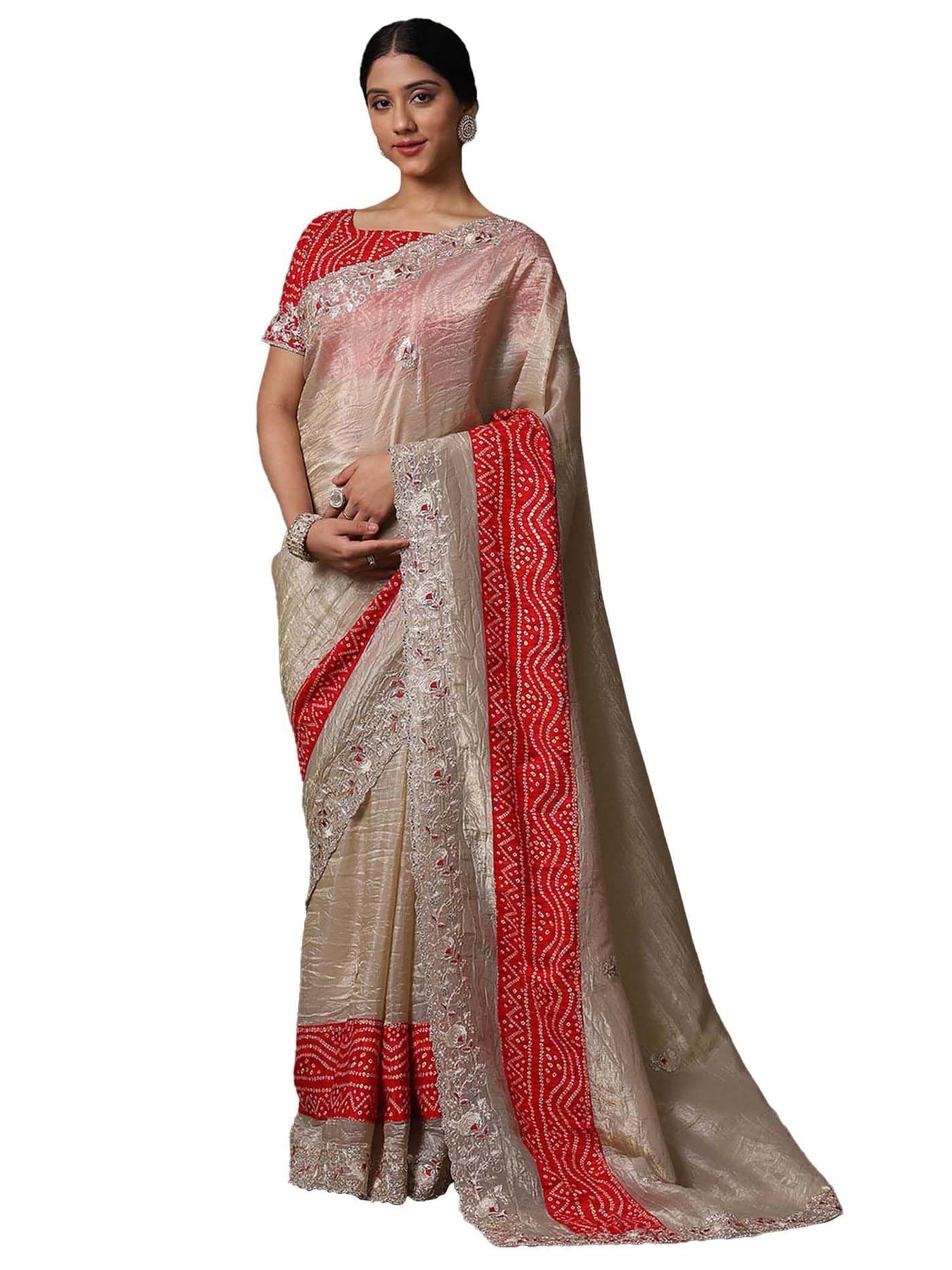 SAREE MALL Women's Cream Tissue Embroidered Saree With Unstitched Blouse Piece (ANIKA1603_AG)