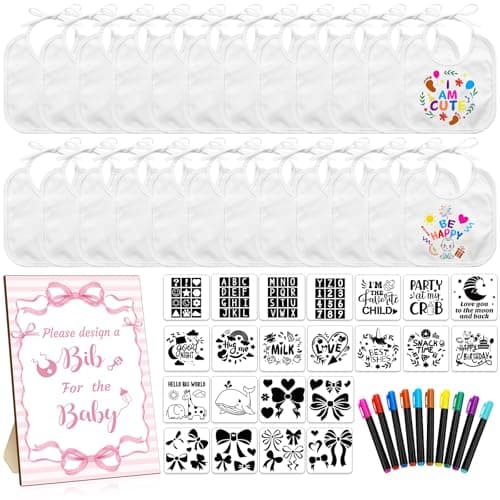 Newwiee 55 Pcs White Bibs for Baby Decorating Design a Bib Decorate Plain newborns Bibs Wooden Sign for Baby Shower Games Kit (Pink Bow)