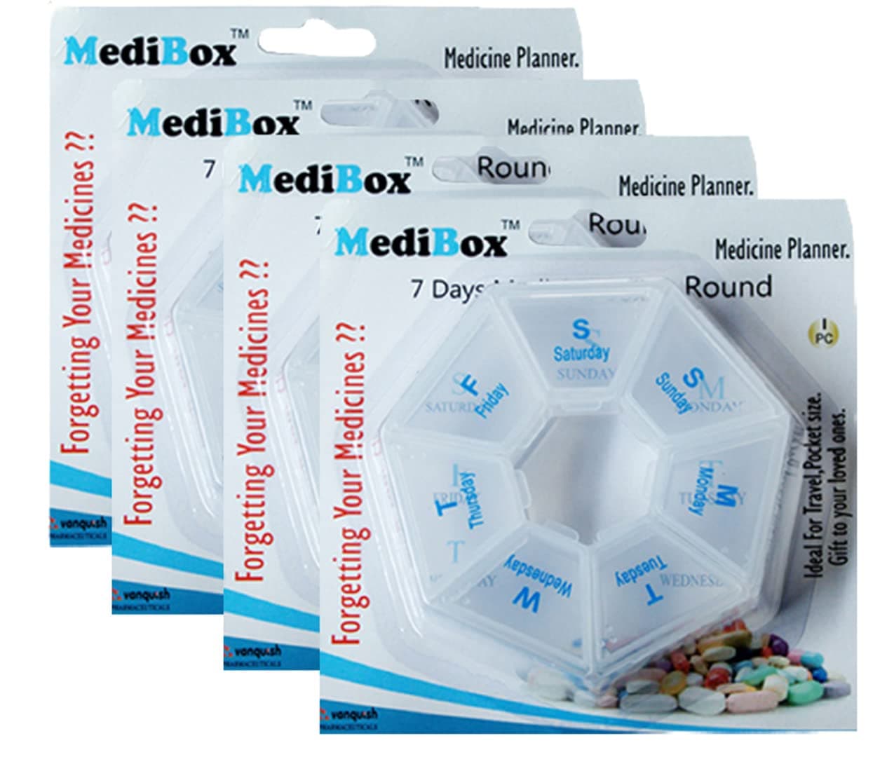 MediBox Round Weekly 7 Days Pill Organizer Box with Snap lids To Take Medicines on Time.Ideal for Traveling and Gifting Pack of 4