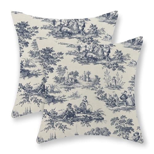 GOLIANDA French Country Pillow Covers 18x18 Set of 2 Vintage Toile Blue Throw Pillows French Country Outdoor Decorative Pillowcase Rustic Cottage Decor Linen Farmhouse Cushion Case for Couch Bed Sofa