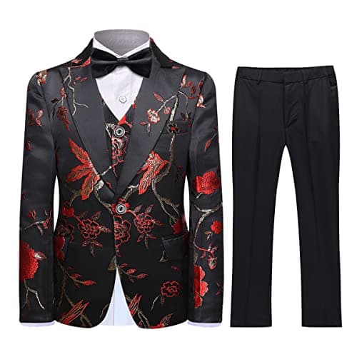 SWOTGdoby Boys Gold Paisley Floral Suit Tuxedo Slim Fit Embroidery 3 Pieces Suit Set Blazer Vest Pants