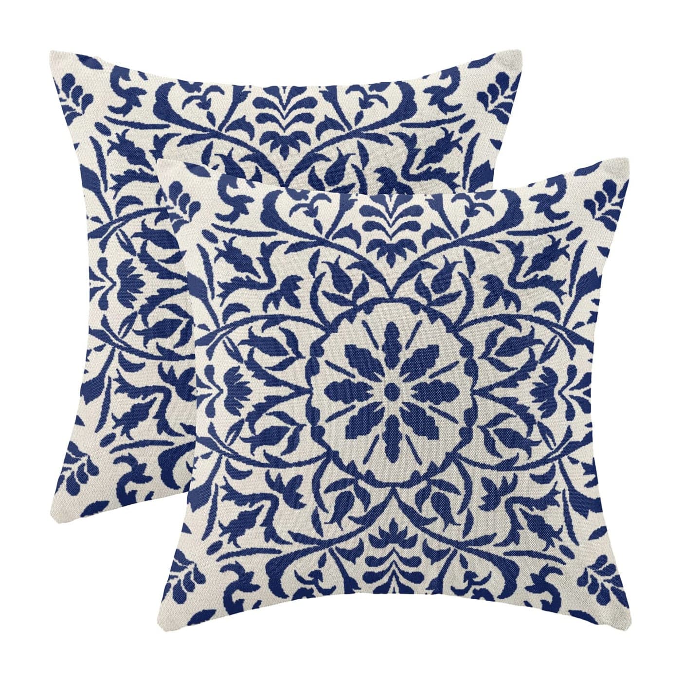 Navy Blue Boho Pillow Covers 18x18 Set of 2 Bohemian Ethnic Carpet Pattern Design Decorative Throw Pillows Linen Blue Print Farmhouse Cushion Pillow Covers for Sofa Couch Outdoor Decor