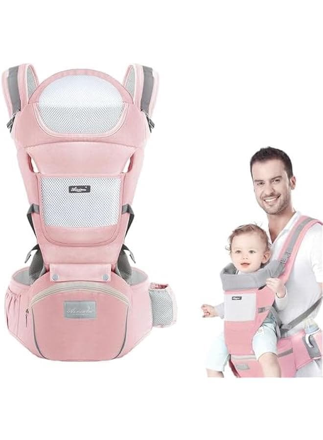 Baby Carrier with Hip Seat, Multi-Functional 9 in 1 Baby Carrier Newborn to Toddler for All Seasons, Baby Backpack Carrier for Toddler (Pink)