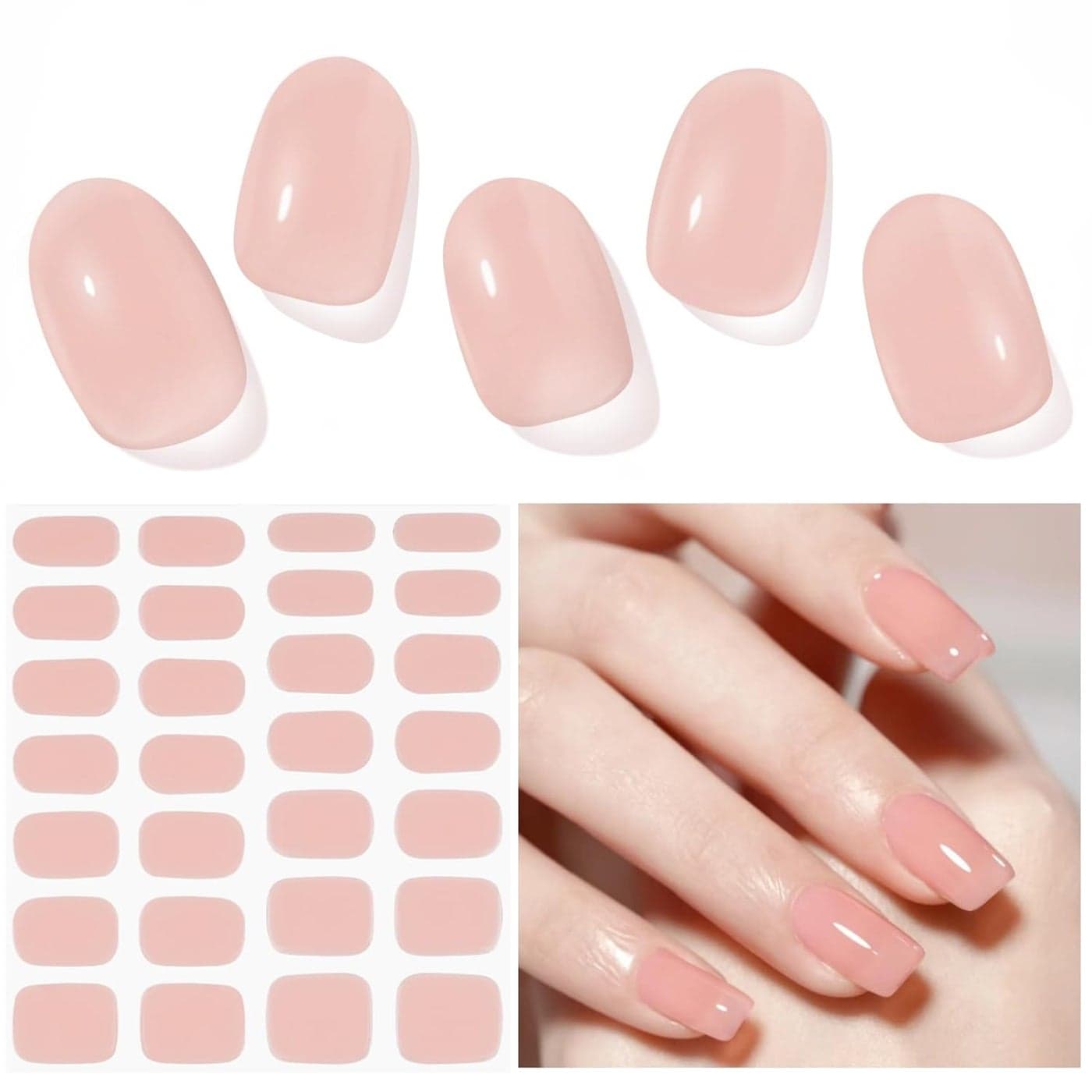 Semi Cured Gel Nail Strips, 28 pcs Gel Nail Strips Work with Any UV Lamp, Long Lasting Gel Nail Stickers Full Nail Wraps, Salon Quality, Easy to Apply for Wedding(Sakura Powder)