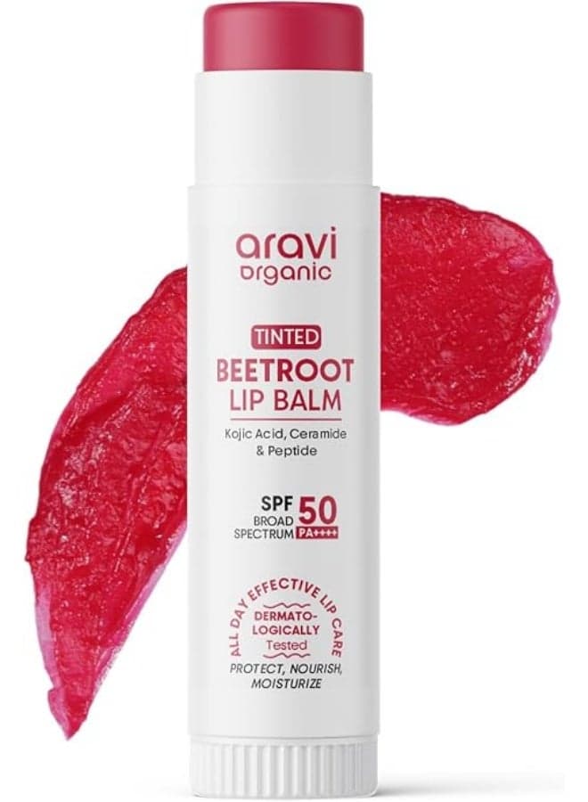 Aravi Organic Beetroot Tinted Lip Balm SPF 50 PA++++ | Brightening Lip Balm for Dark & Pigmented Lips | Kojic Acid & Ceramide | Hydrating For Dry, Chapped Lips | Soft Glossy Finish | Unisex | 5g
