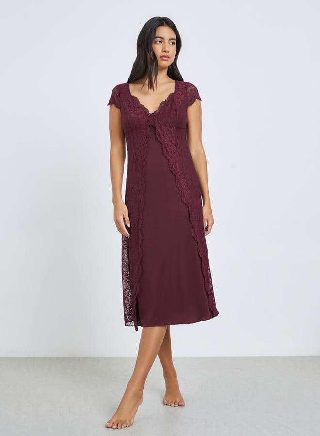 Burgundy Lace Trim V Neck Side Slit Nightdress
