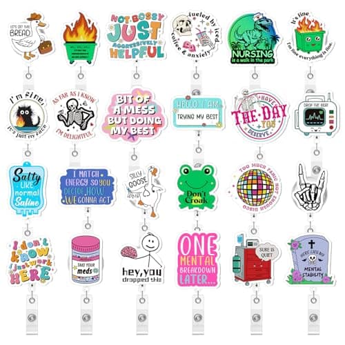 ZCPTZ 24 Pcs Funny Nurse Badge Reels - Acrylic Retractable Name ID Badge Holder Clip for Nurses, Doctors, Medical Staff Cute Nursing Accessories Gifts