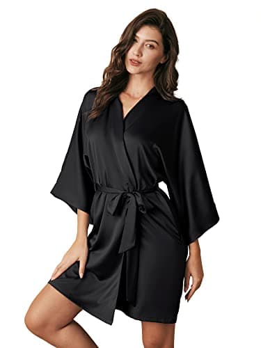 AW BRIDAL Plus Size Black Silk Robes for Women and Ladies, Knee Length Satin Bathrobe with Pockets, Short Bridesmaid Robes for Wedding, Sexy Dressing Gown for Bridal Party, XL