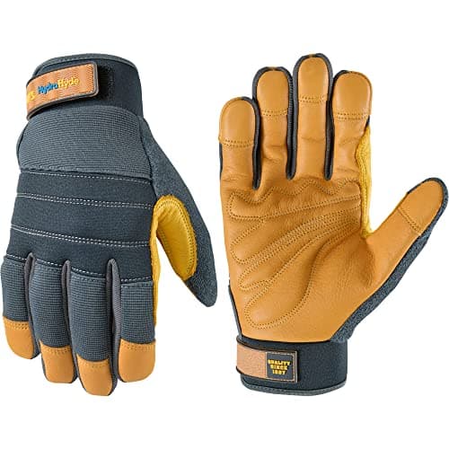 Wells Lamont Men's HydraHyde Work Gloves – Cowhide Leather, Reinforced Fingertips for Durability – Adjustable Velcro Wrist – Ideal for Gardening, Landscaping, Lawn Care – Navy - M