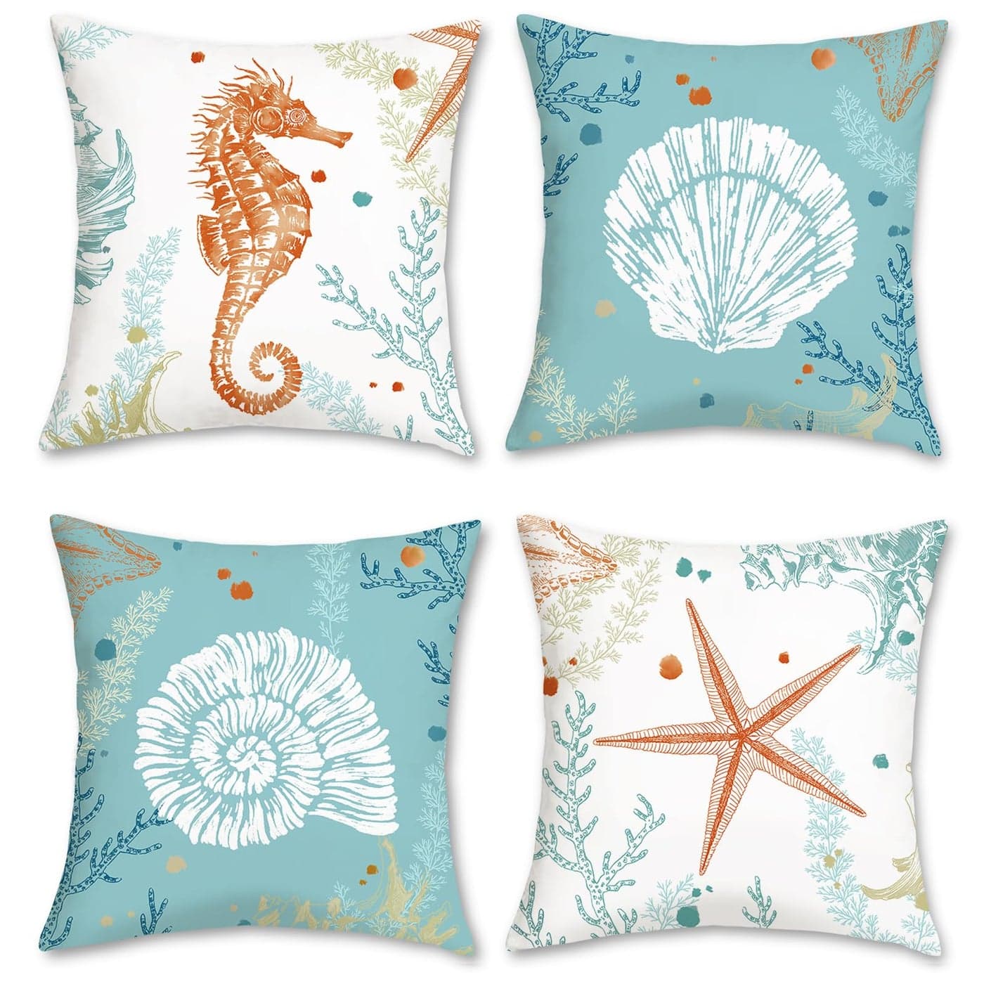 Bonhause Coastal Beach Throw Pillow Covers 18 x 18 Inch Set of 4 Seahorse Starfish Shell Ocean Blue Decorative Pillows Case Soft Velvet Outdoor Cushion Covers for Couch Sofa Bed Home Decor