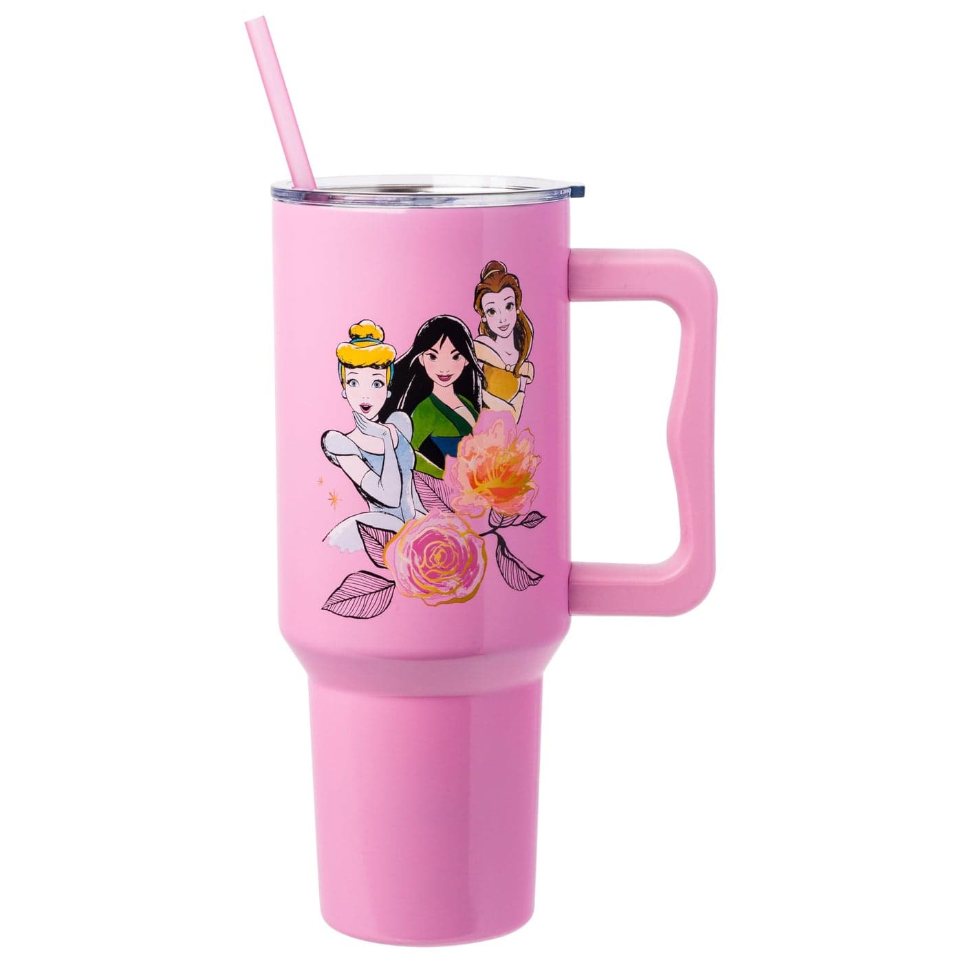 Silver Buffalo Disney Princess Featuring Cinderella Mulan Belle Ariel Tiana and Jasmine Double Walled Stainless Steel Tumbler with Handle and Straw Fits in Standard Cup Holder 40 Ounces